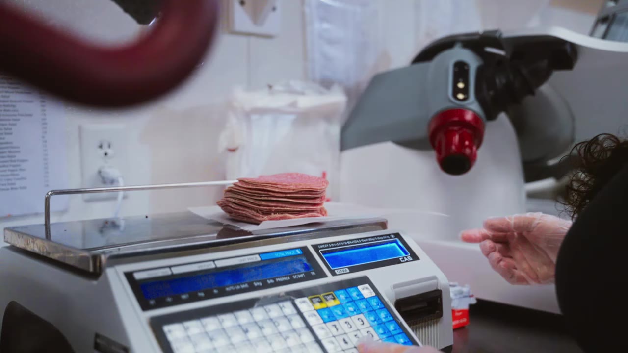 Deli scale weighing sliced meat